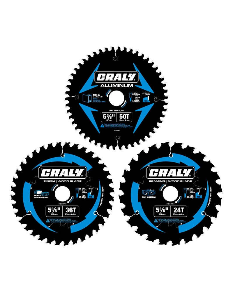 CRALY 5-3/8 Inch 24&36T Wood Framing/Finish & 50T Aluminum Cutting Circular Saw Blade, 20mm Arbor, Carbide Tipped, Thin Kerf, Black Ice™ Coating, for Wood, Aluminum, Plastic, 3-Pack(C054243650-3D) - Image 1
